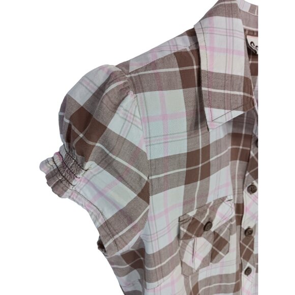 SO Women's Plaid Short Sleeve-Button down Shirt- MEDIUM -Brown-White-Pink - Picture 16 of 16